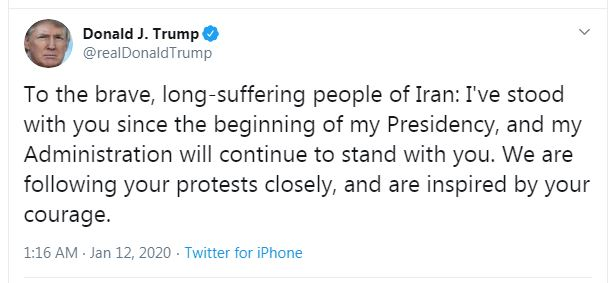 پیام ترامپ به ملت ایران: من از ابتدای دوره ریاست جمهوریم با شما ایستادم! / نصیحت ترامپ به حکومت ایران: اینترنت قطع نکنید و معترضان را نکشید!