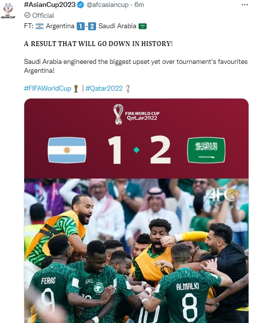 واکنش کنفدراسیون فوتبال آسیا به برد عربستان